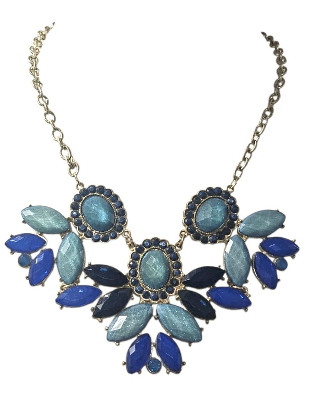 Blue Floral Bib Statement Necklace With Silver Tone Base